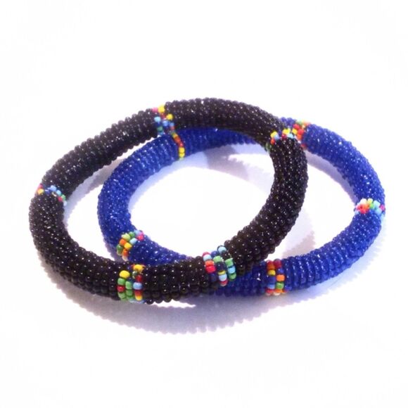 Pair of Wrapped Seed Bead Bangle Bracelets in Black and Blue - Picture 2 of 4